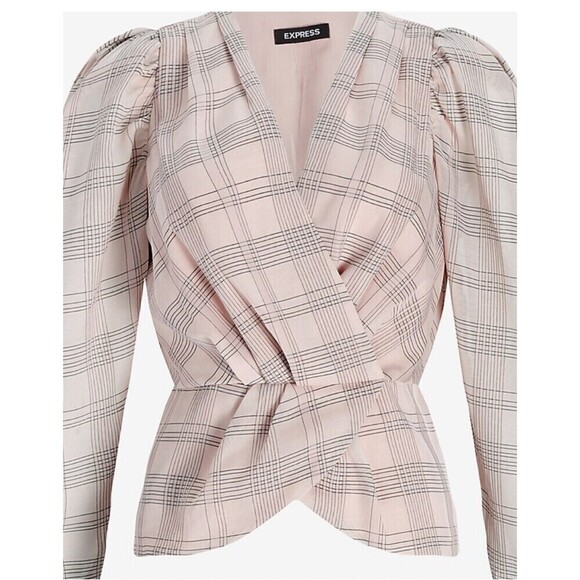 Express Check Print Faux Wrap Front Peplum Top blouse size Xsmall - Picture 4 of 15